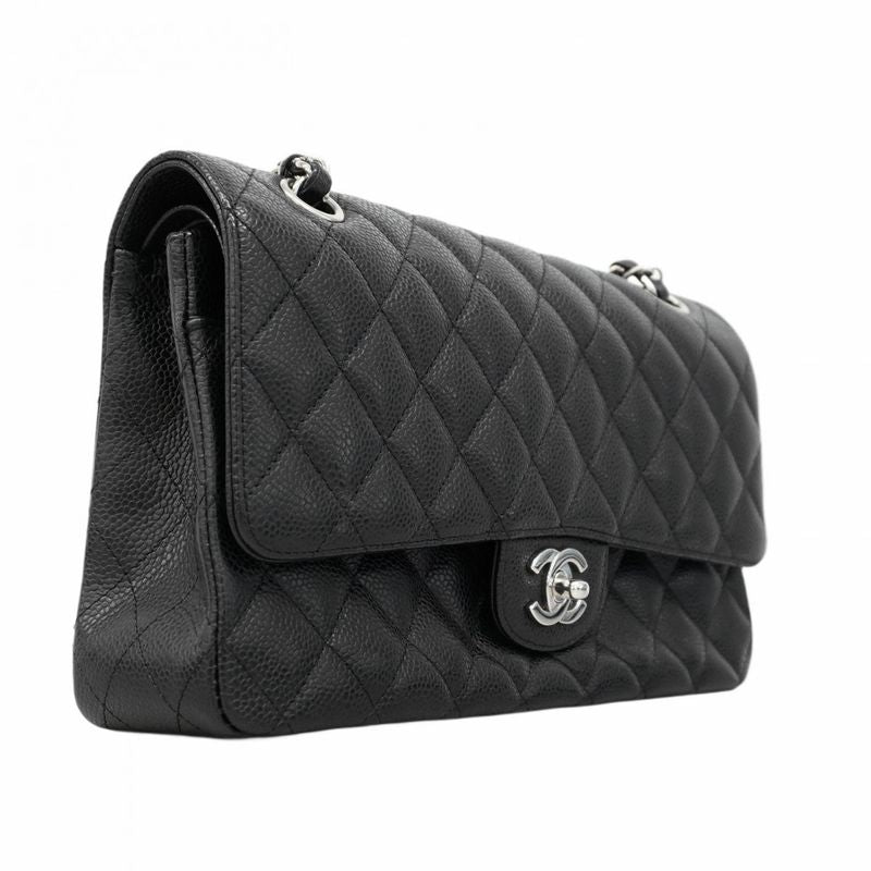 Chanel Shoulder Bag Matelasse Caviar Skin Black Silver Hardware Women