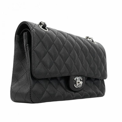 Chanel Shoulder Bag Matelasse Caviar Skin Black Silver Hardware Women