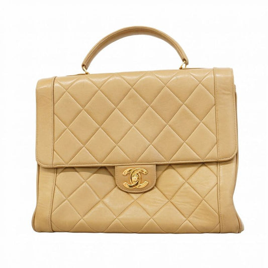 Chanel Handbag Matelasse Top Handle Lambskin Beige Gold Hardware Women