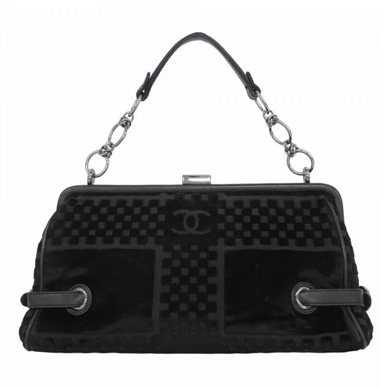 Chanel Handbag Velour Black Silver Hardware Women