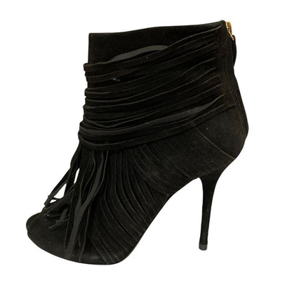 Gucci Suede Leather Fringe Back Zip Short Boots 24cm (9.45in) Equivalent Black