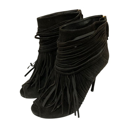 Gucci Suede Leather Fringe Back Zip Short Boots 24cm (9.45in) Equivalent Black