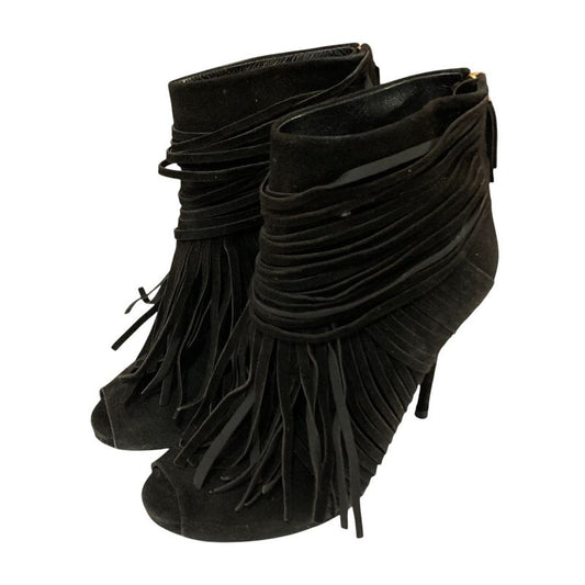 Gucci Suede Leather Fringe Back Zip Short Boots 24cm (9.45in) Equivalent Black