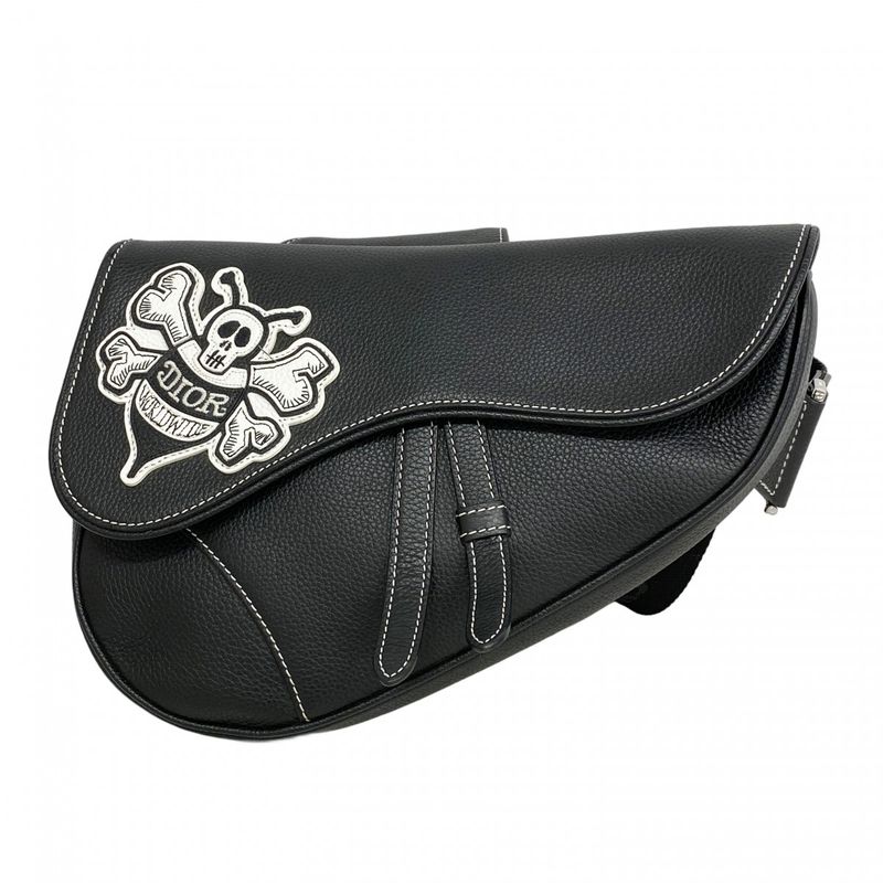 Christian Dior Body Bag Saddle Leather Black Silver Hardware Men's