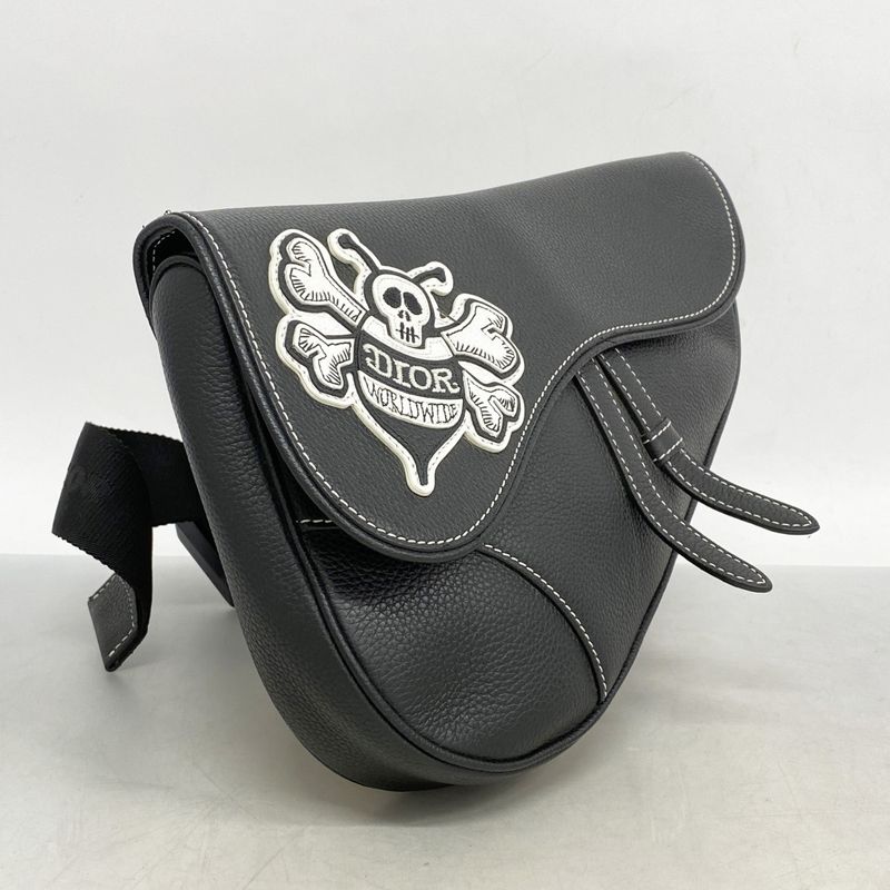 Christian Dior Body Bag Saddle Leather Black Silver Hardware Men's