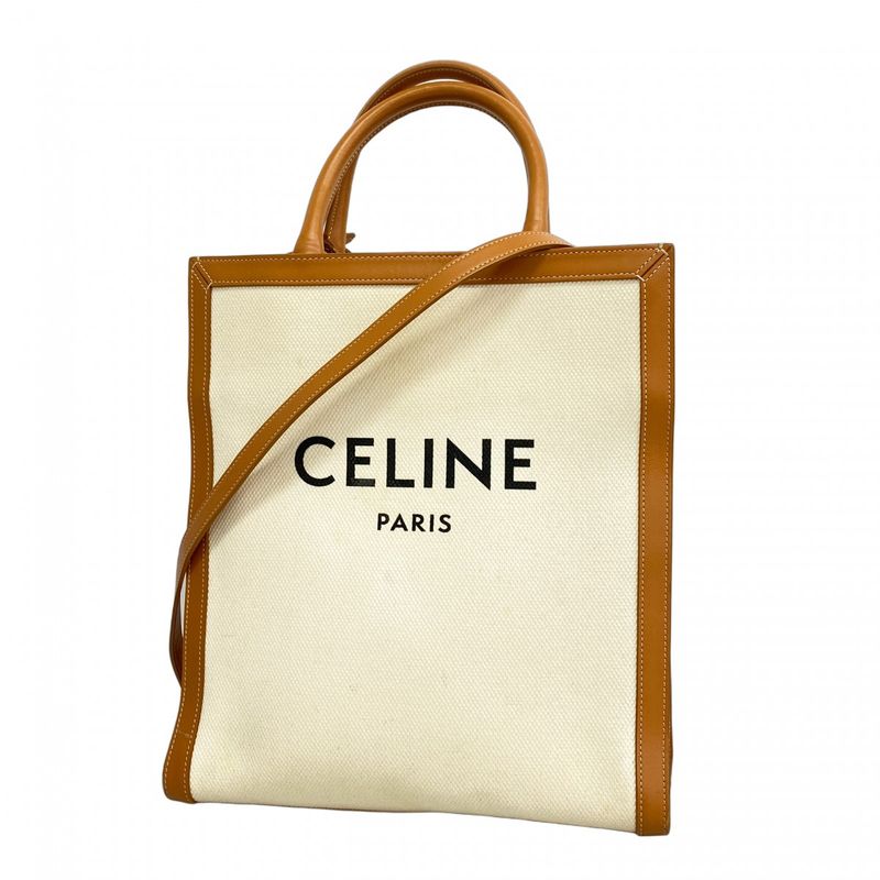 Celine Tote Canvas Leather Light Brown White Gold Hardware 2way Bag Ladies