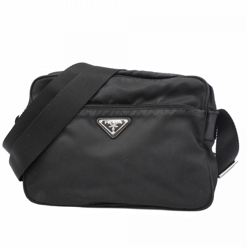 Prada Shoulder Bag Tessuto Nylon Black Silver Hardware Men Women Unisex