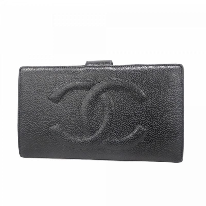 Chanel Long Wallet Caviar Skin Lambskin Black Gold Hardware Women