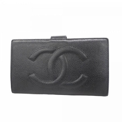 Chanel Long Wallet Caviar Skin Lambskin Black Gold Hardware Women