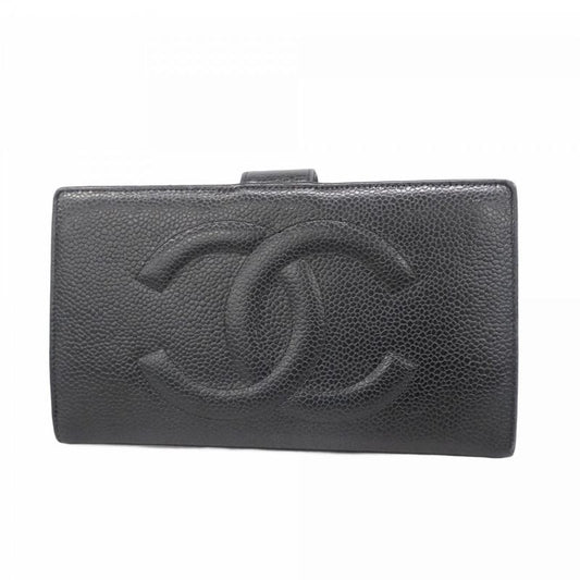 Chanel Long Wallet Caviar Skin Lambskin Black Gold Hardware Women