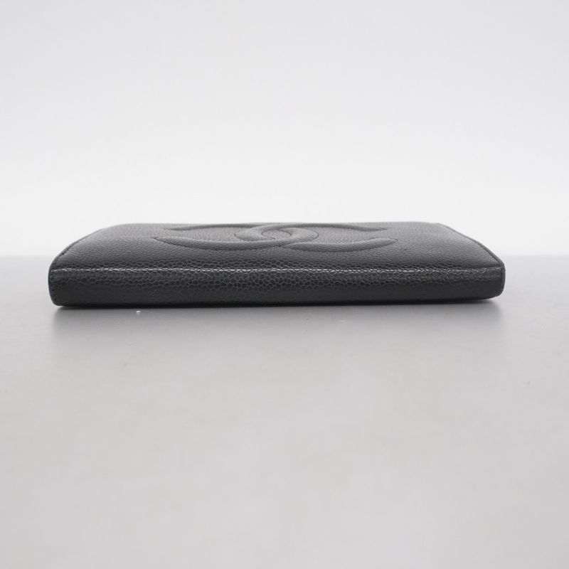 Chanel Long Wallet Caviar Skin Lambskin Black Gold Hardware Women