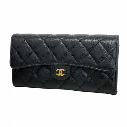 Chanel Long Wallet Matelasse Caviar Skin Black Gold Hardware Women