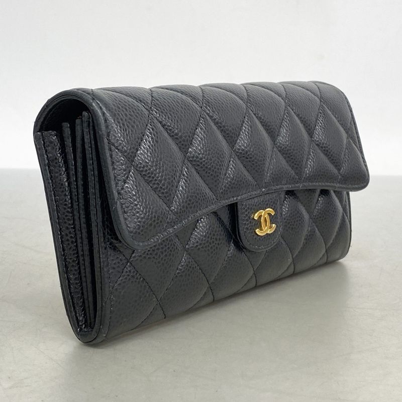 Chanel Long Wallet Matelasse Caviar Skin Black Gold Hardware Women