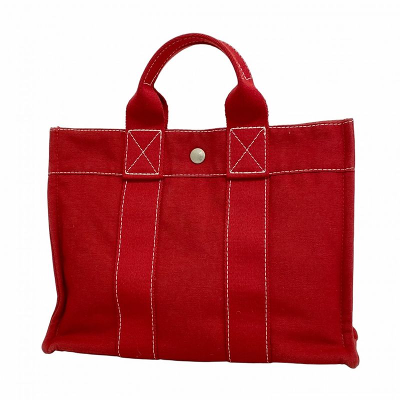 Hermes Tote Bag Deauville PM Canvas Red Silver Hardware Women
