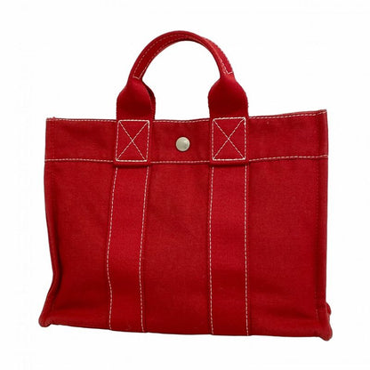 Hermes Tote Bag Deauville PM Canvas Red Silver Hardware Women