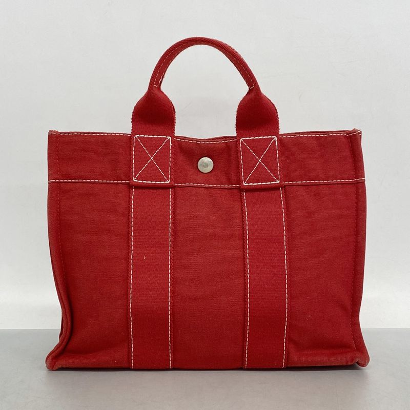Hermes Tote Bag Deauville PM Canvas Red Silver Hardware Women
