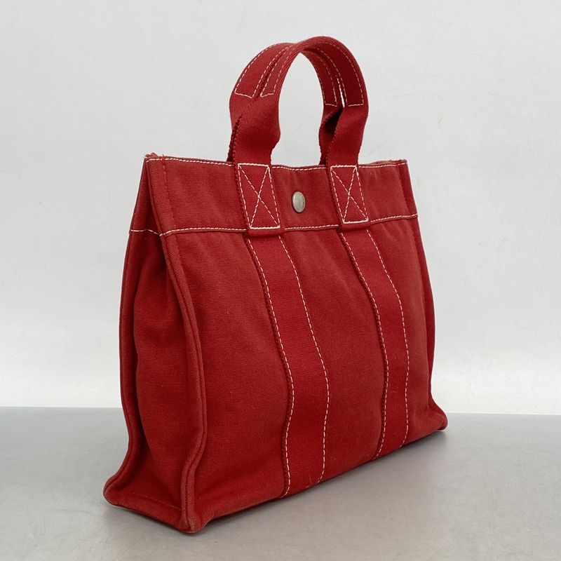 Hermes Tote Bag Deauville PM Canvas Red Silver Hardware Women