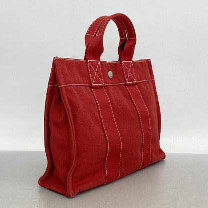 Hermes Tote Bag Deauville PM Canvas Red Silver Hardware Women