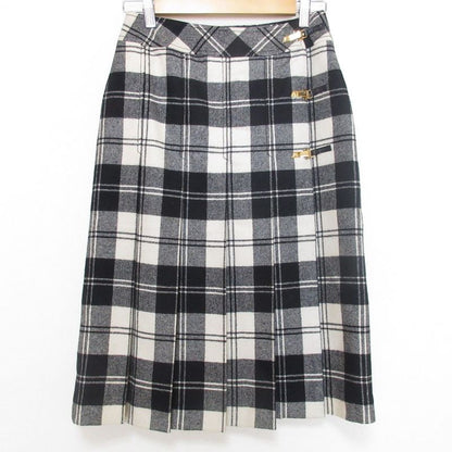 Good Celine Vintage Checkered Below Knee Length Pleated Wrap Wool Skirt 38