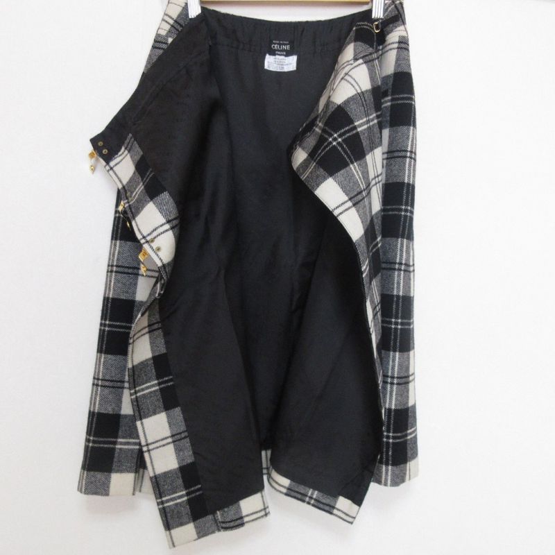 Good Celine Vintage Checkered Below Knee Length Pleated Wrap Wool Skirt 38