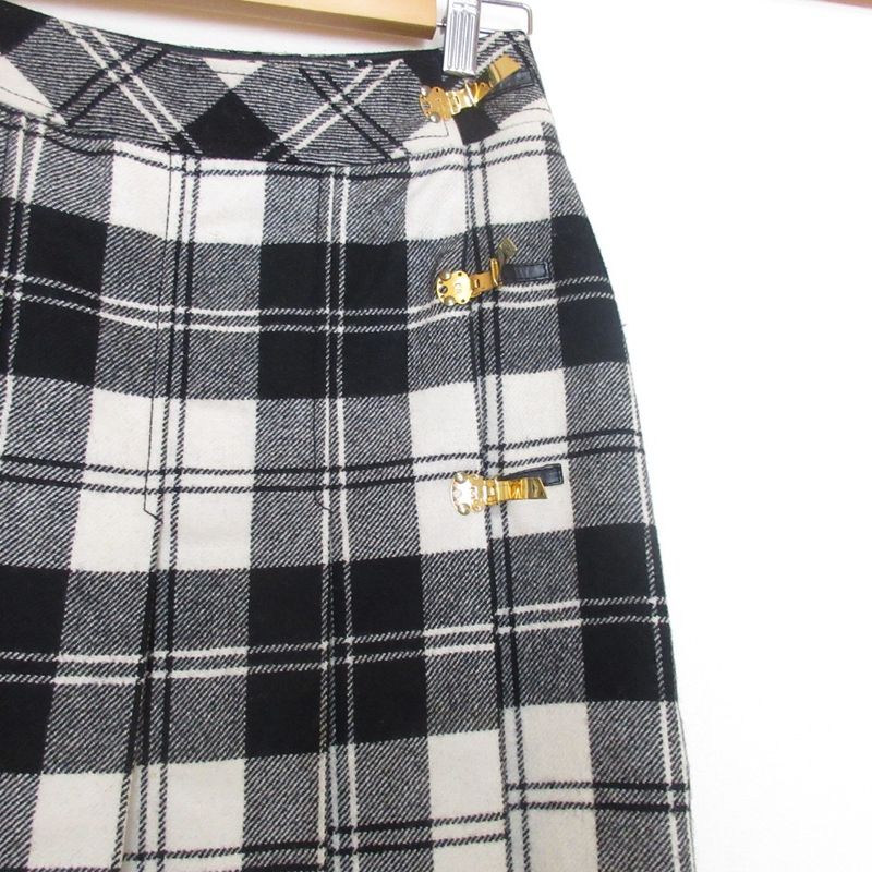 Good Celine Vintage Checkered Below Knee Length Pleated Wrap Wool Skirt 38