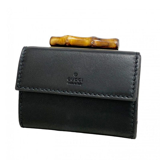Gucci Trifold Wallet Bamboo 108633 Leather Black Gold Hardware Women