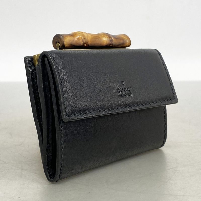 Gucci Trifold Wallet Bamboo 108633 Leather Black Gold Hardware Women
