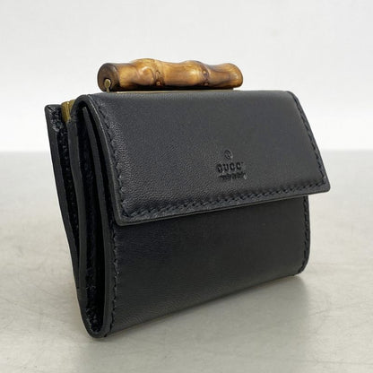 Gucci Trifold Wallet Bamboo 108633 Leather Black Gold Hardware Women