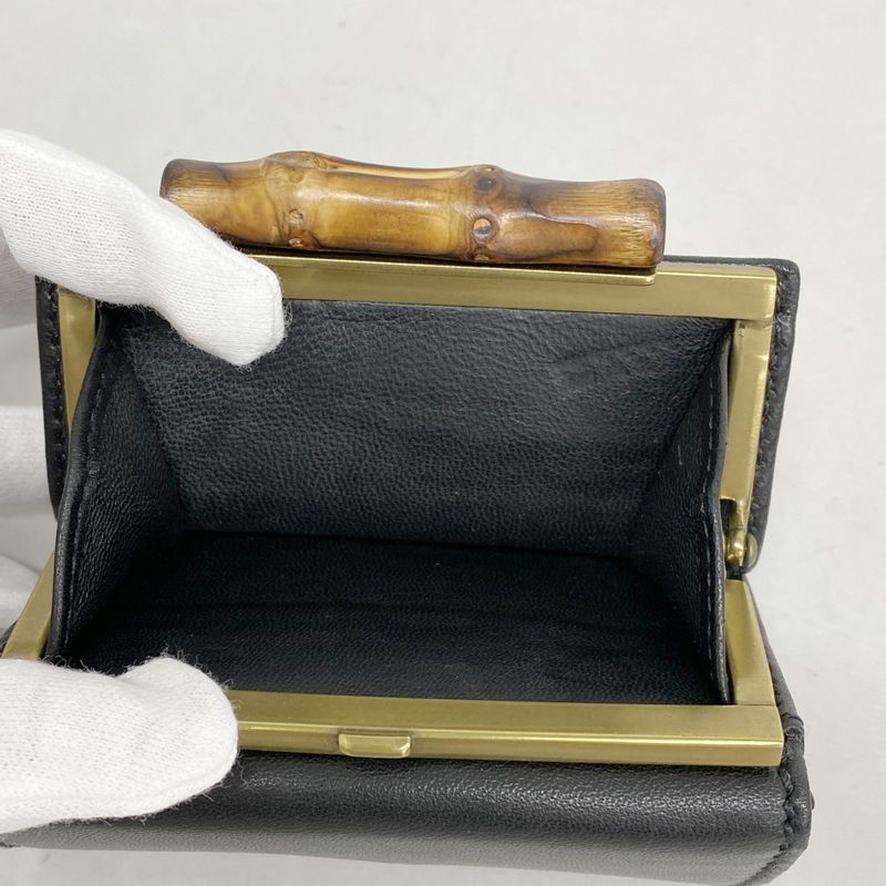 Gucci Trifold Wallet Bamboo 108633 Leather Black Gold Hardware Women