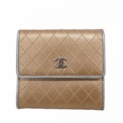 Chanel Trifold Wallet Bicolore Leather Beige Gray Silver Hardware Women