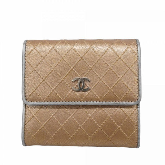 Chanel Trifold Wallet Bicolore Leather Beige Gray Silver Hardware Women