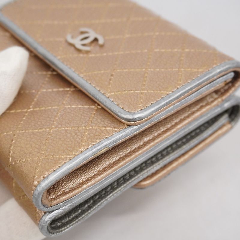 Chanel Trifold Wallet Bicolore Leather Beige Gray Silver Hardware Women