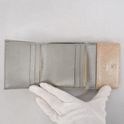 Chanel Trifold Wallet Bicolore Leather Beige Gray Silver Hardware Women