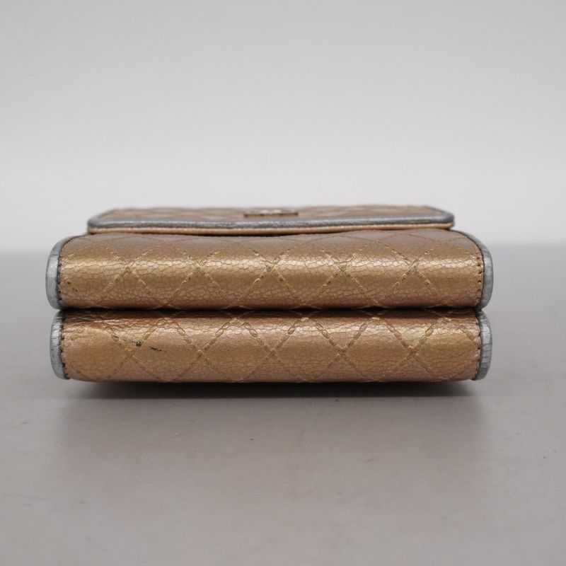 Chanel Trifold Wallet Bicolore Leather Beige Gray Silver Hardware Women