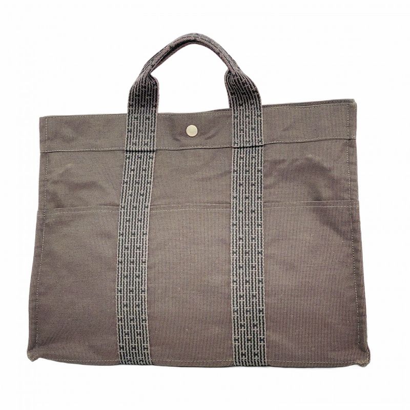 Hermes Tote Bag Her Line MM Canvas Gray Silver Hardware Men Women Unisex