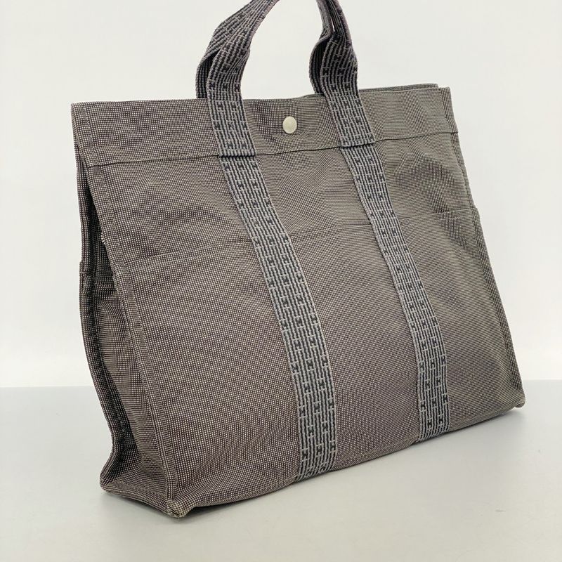 Hermes Tote Bag Her Line MM Canvas Gray Silver Hardware Men Women Unisex