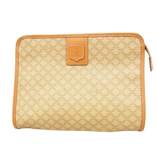 Celine Clutch Bag Triomphe PVC Beige Gold Hardware Men Women Unisex