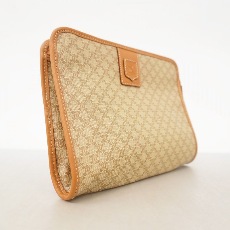 Celine Clutch Bag Triomphe PVC Beige Gold Hardware Men Women Unisex