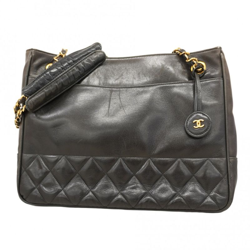 Chanel Shoulder Bag Matelasse Lambskin Black Gold Hardware Women