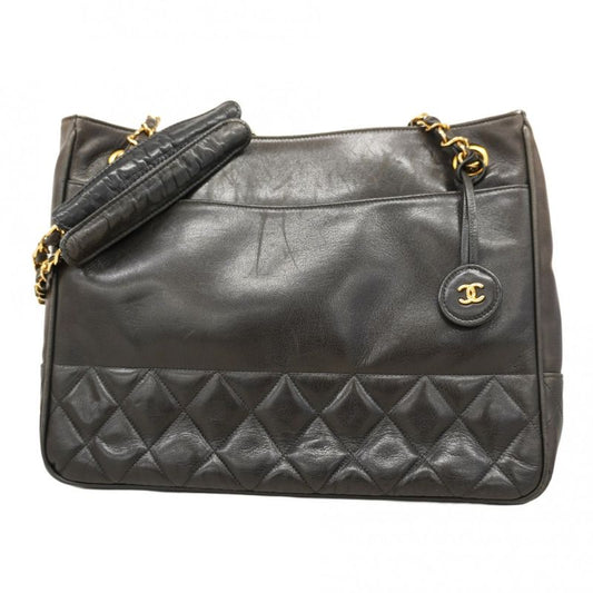 Chanel Shoulder Bag Matelasse Lambskin Black Gold Hardware Women