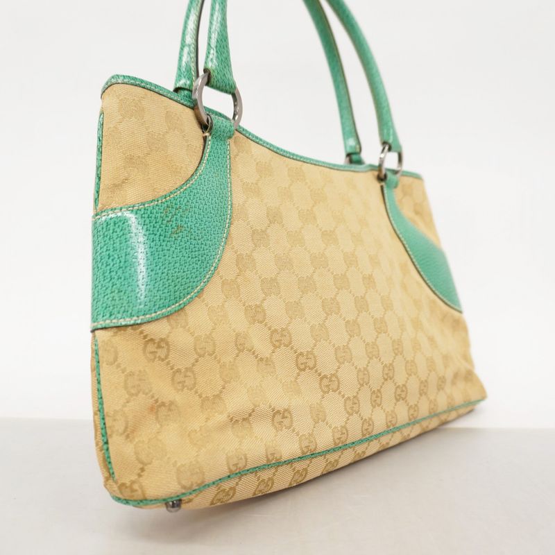 Gucci Tote Bag GG Canvas 113015 Canvas Beige Green Silver Hardware Women's
