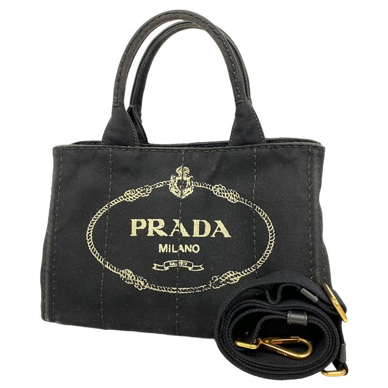 Prada Handbag Canapa Canvas Black Gold Hardware 2way Bag Womens