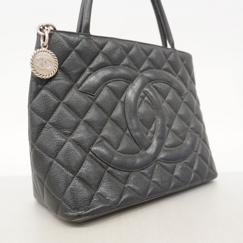 Chanel Tote Bag Revival Tote Caviar Skin Black Silver Hardware Women's