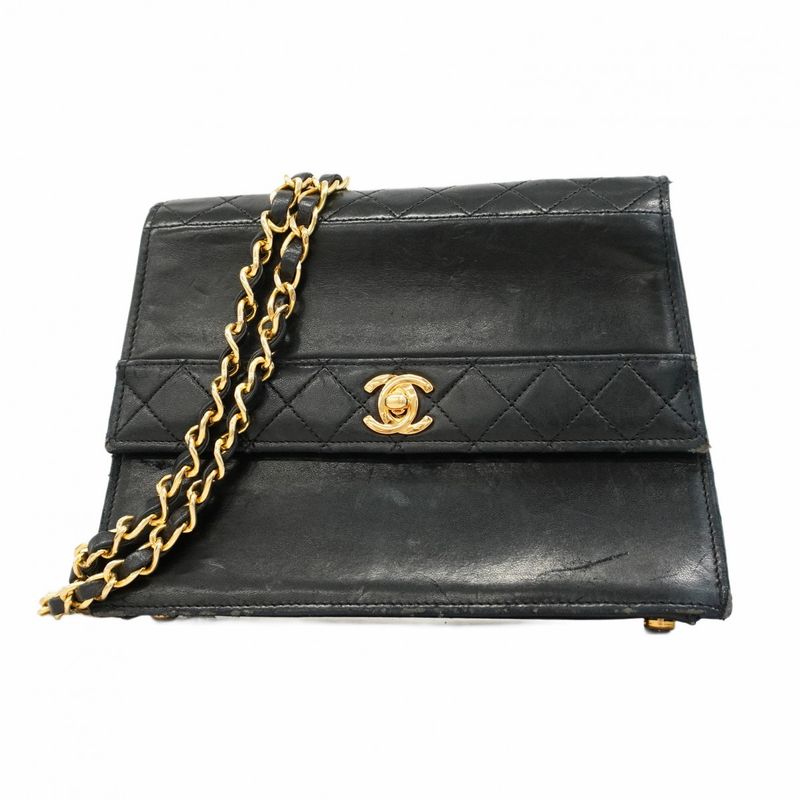Chanel Shoulder Bag Matelasse Lambskin Black Gold Hardware Women
