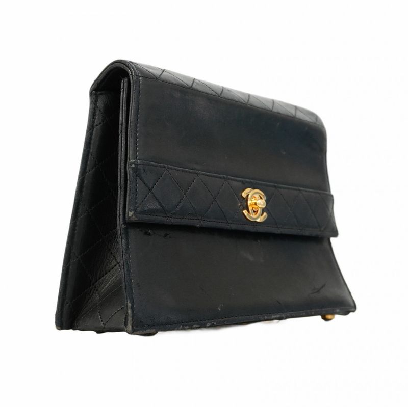 Chanel Shoulder Bag Matelasse Lambskin Black Gold Hardware Women