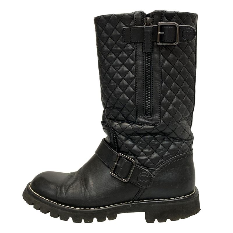 Chanel Boots 36 1/2 Women - G28566 Black Engineer/matelasse Lambskin