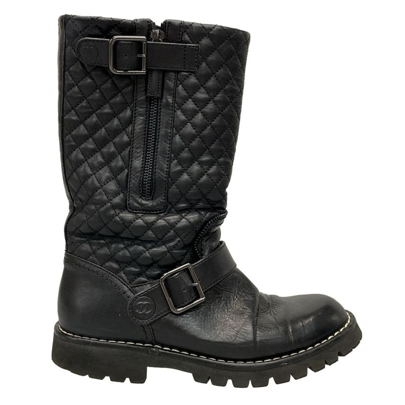 Chanel Boots 36 1/2 Women - G28566 Black Engineer/matelasse Lambskin