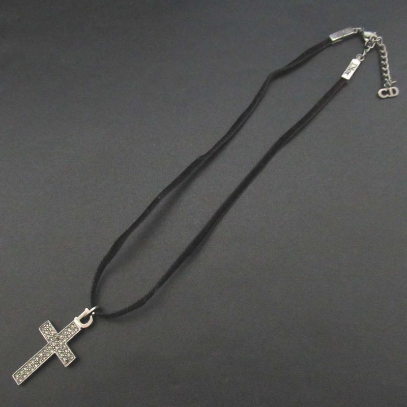 Good Christian DIOR Cross Choker Necklace Silver Color And Black Ladies Used
