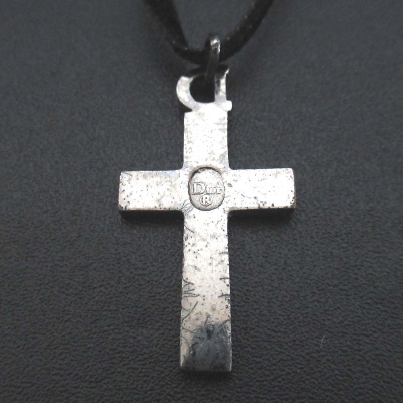 Good Christian DIOR Cross Choker Necklace Silver Color And Black Ladies Used