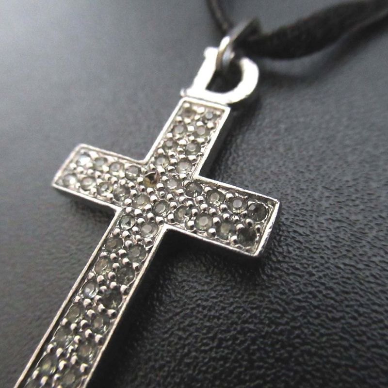 Good Christian DIOR Cross Choker Necklace Silver Color And Black Ladies Used